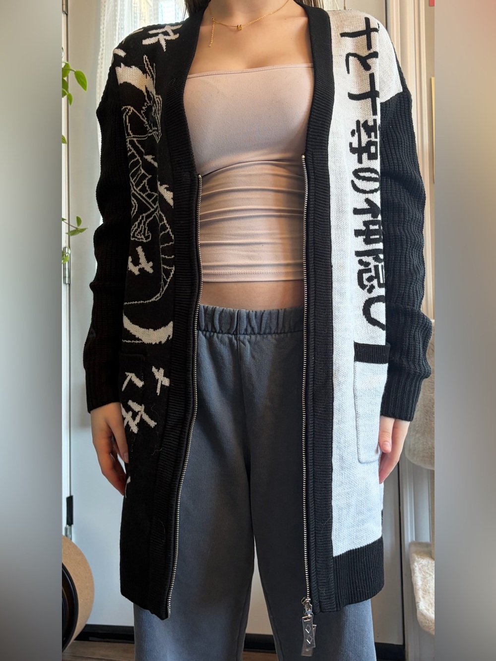 Black & White Spirited Away shaky Graphic Long Zip Cardigan